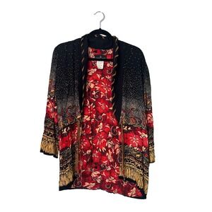 VTG Carole Little Petites Cardigan Size 2P Red Black Mixed Media Fringe Peasant